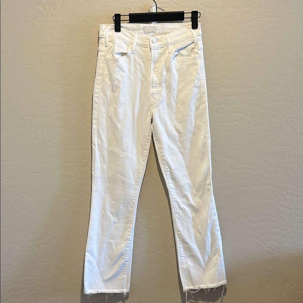 MOTHER Cropped White Jeans with Raw Hem